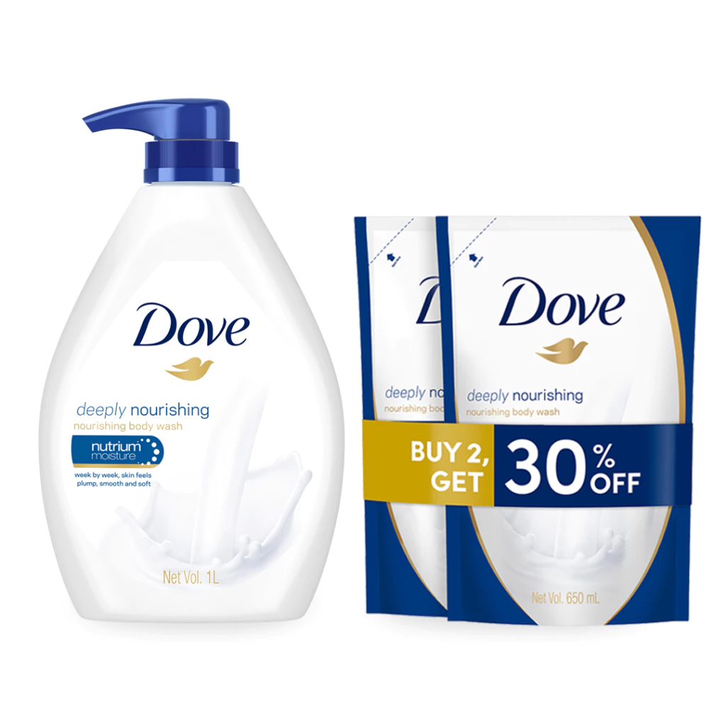 33% OFF [1+2 Bundle] Dove Deeply Nourishing Body Wash 1L + 2 Refill Pouches 650ml
