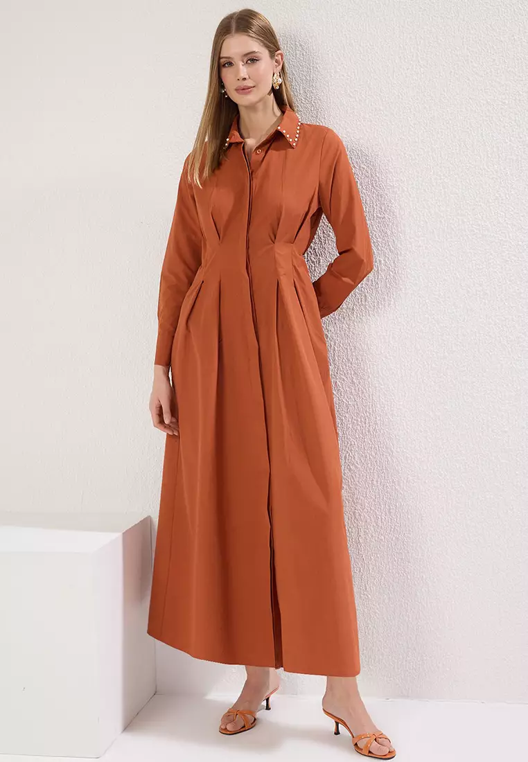 80% OFF Trendyol Cinnamon Pearl Detailed Woven Shirt Dress Tctss25Eb00088