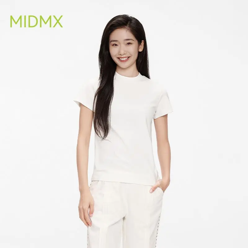 35% OFF MIDMX Slim Fit Women's Short Sleeved Round Neck T-Shirt High Elastic Cotton Top Waist Line Show Waist Slimness T-Shirts Womenswear Basic Korean Style Sexy Tee