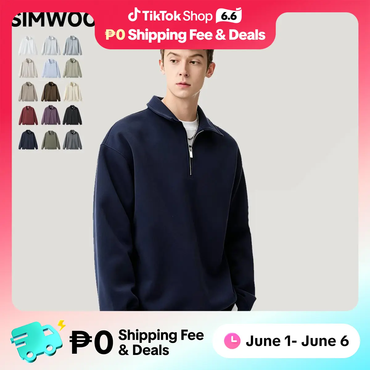 21% OFF SIMWOOD Half-Zipper Sweatshirt Unisex Men and Women Plain Color