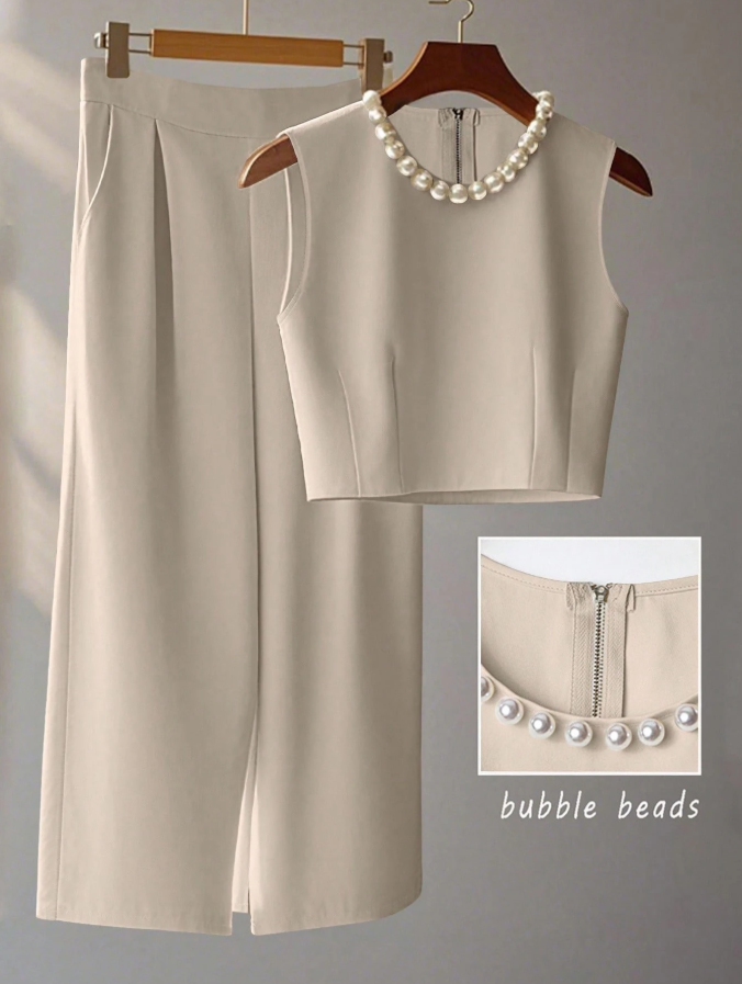 30% OFF Franclia French Chic Apricot Summer Elegant Office Work Ladies Two Pieces Suits,Beaded Sleeveless Tops&Layered Wide-Leg Pants Trousers High-Level Clothing