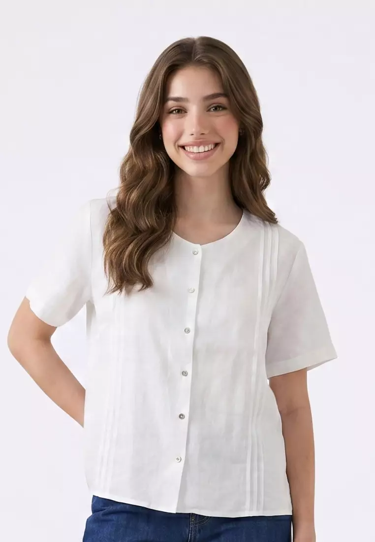 62% OFF Plain Soft Linen Short Sleeves V-neck Blouse