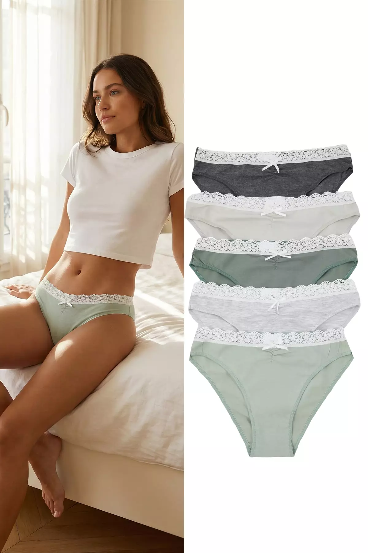 43% OFF Green-Multicolor 5-Pack Cotton Lace, Ribbon/Bow And Drawstring Classic Knitted Panties Thmaw26Ku9