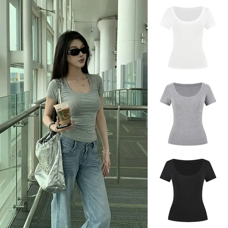 78% OFF Moses Queen Clothing women’s U-neck short-sleeve slim-fit cropped T-shirt for summer, tight fit, hot girl style, narrow cut #62857