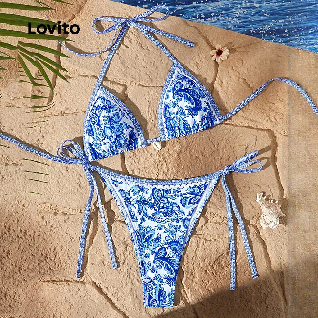 Lovito Women Boho Bikini Sets Spring/summer Blue Bikini Sets LNL126232