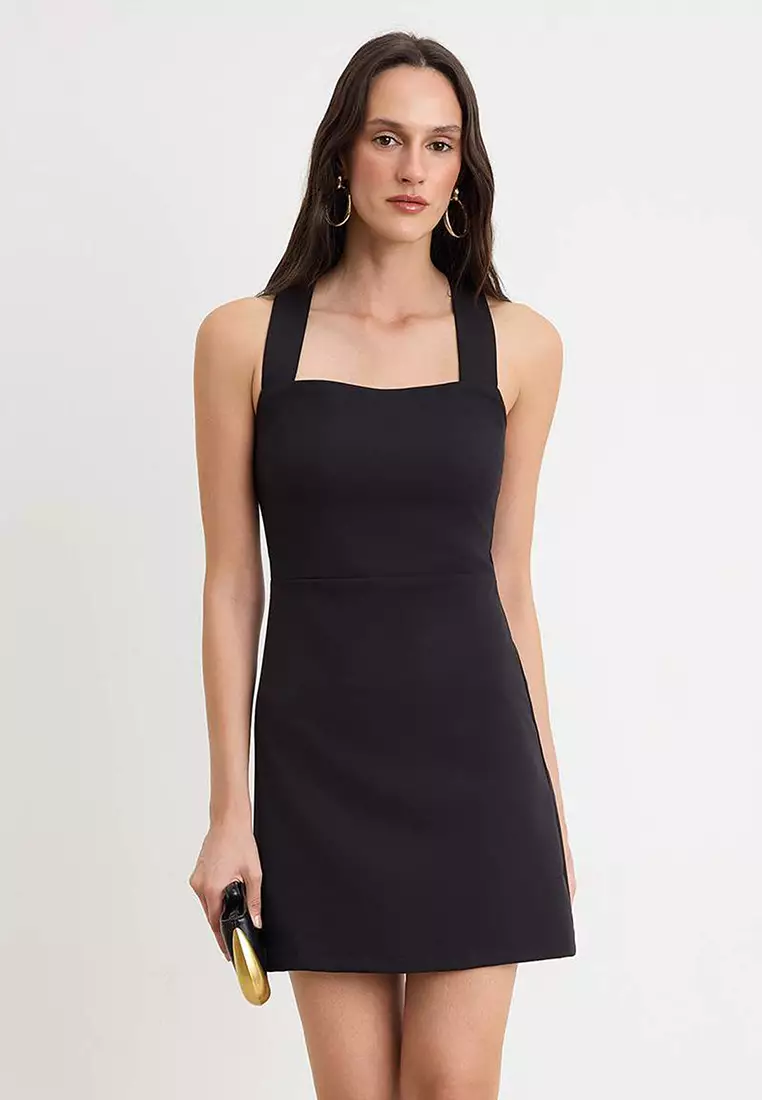 44% OFF Trendyol Black Plain Cross Back Strap Mini Stretchy Woven Dress Twoss26El295