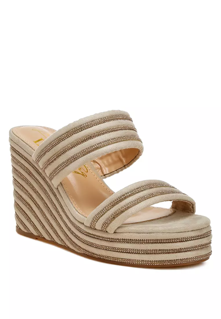78% OFF London Rag Rhinestones Embellished Wedge Sandals in Beige