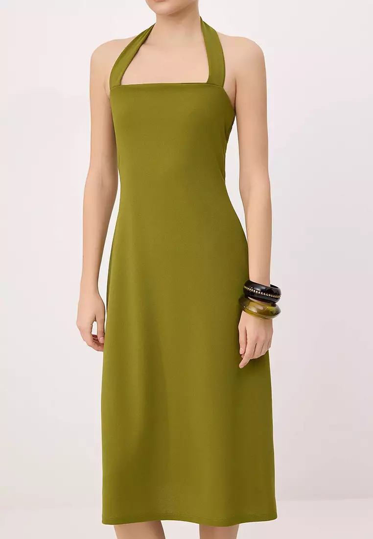 44% OFF Oil Green Straight A-Line Halter Tie-Detail Sleeveless Midi Crepe Knitted Dress Twoss26El733
