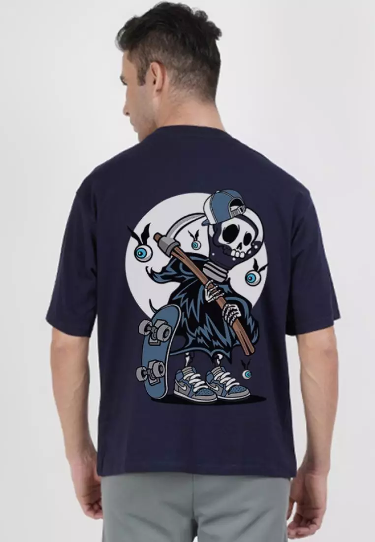 69% OFF Oversized Grim Reaper Navy Blue Cotton Short Sleeve Essential T-Shirt