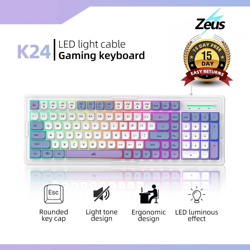 60% OFF Zeus 96% K-24 Gaming Keyboard Rainbow Backlit 98 Keys Compact USB Wired Keyboard 2 Colors