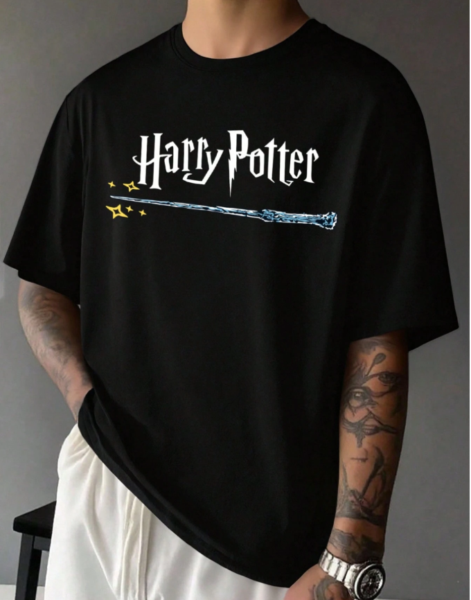 15% OFF HARRY POTTER X SHEIN Men's Casual Letter & Magic Wand Print Short Sleeve T-Shirt, Summer
