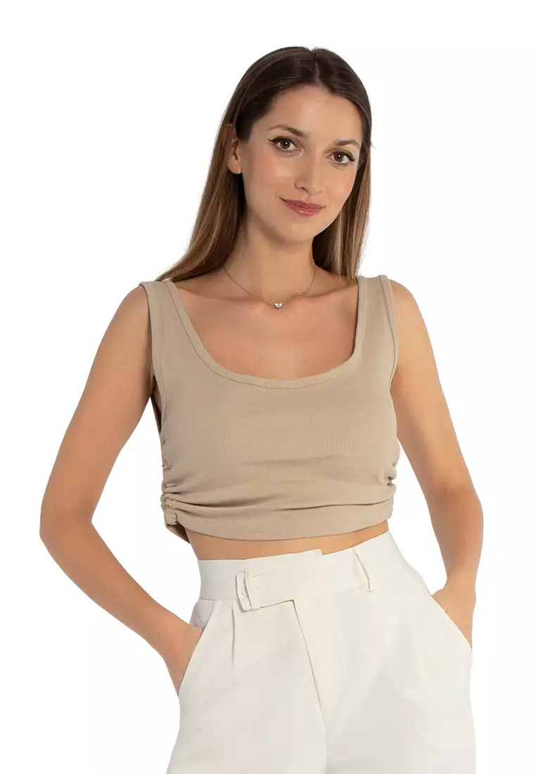 85% OFF Taupe Ruched Crop Top