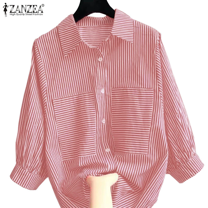 42% OFF ZANZEA Women Korean Turn-Down-Collar Three Quarter Sleeve Pockets Button Shirts