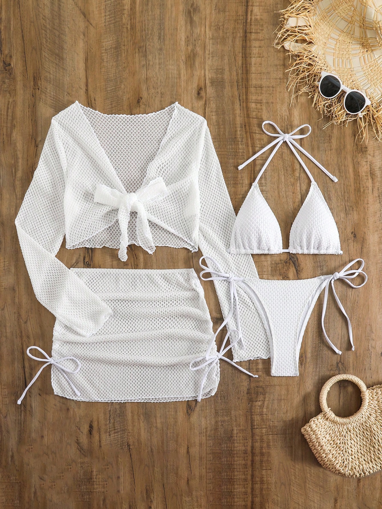 2025 New European Style Conservative 4-Piece Solid Color V-Neck Long Sleeve Contrast Mesh Women Swimwear Vacation Beach White Summer