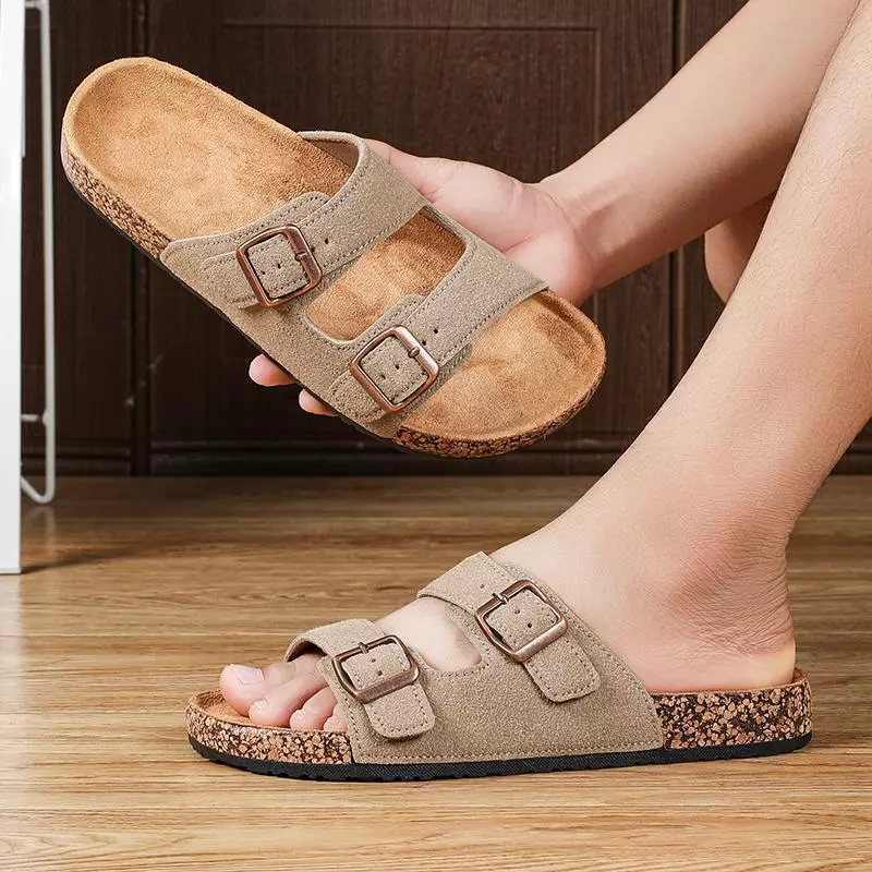 54% OFF Men's Cork Footbed Slide Sandals, Adjustable Double Strap Suede Flat Sandals